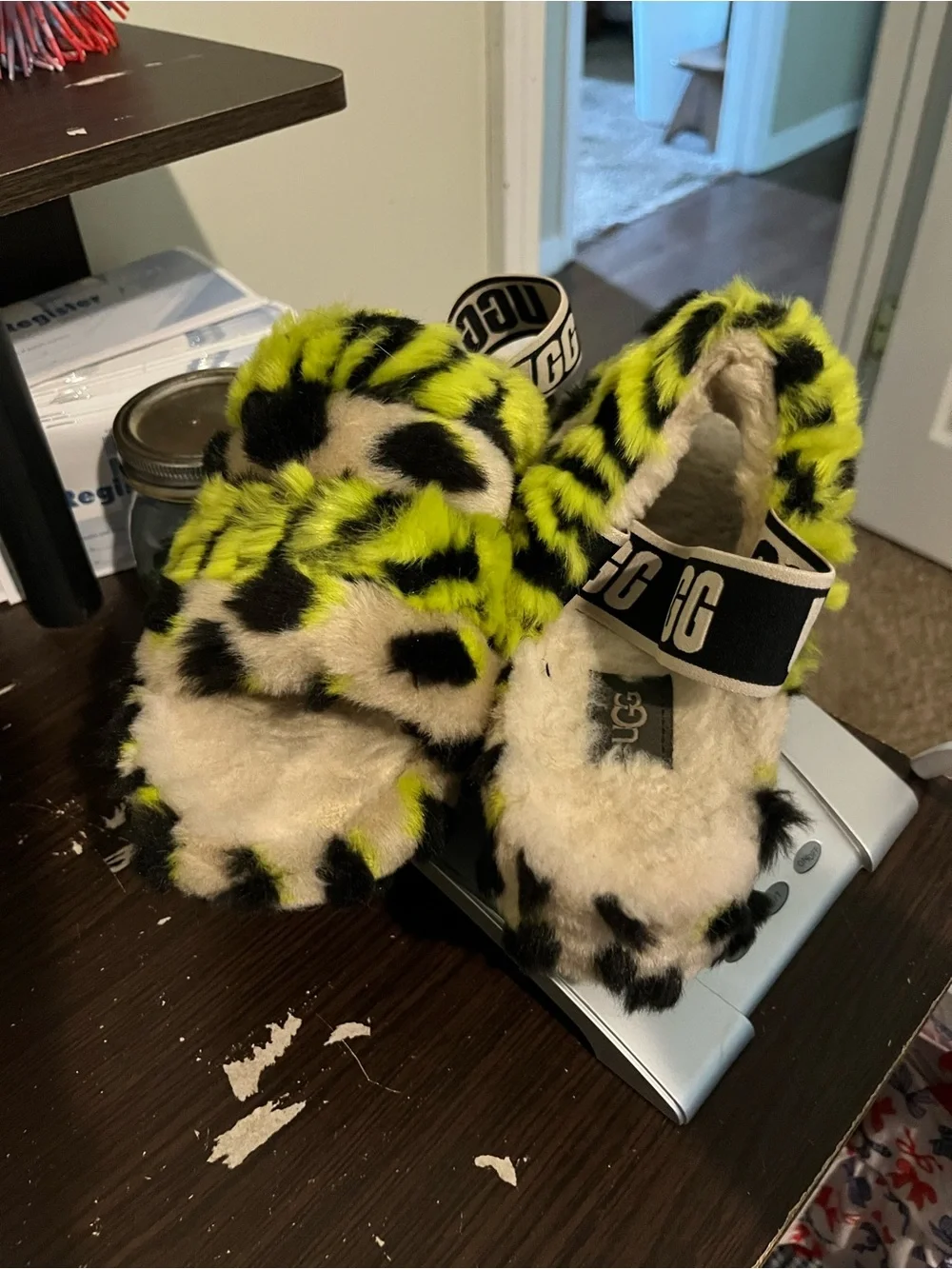 UGG Kids Neon Yellow & Black Fuzzy Shearling Slip-On Slippers